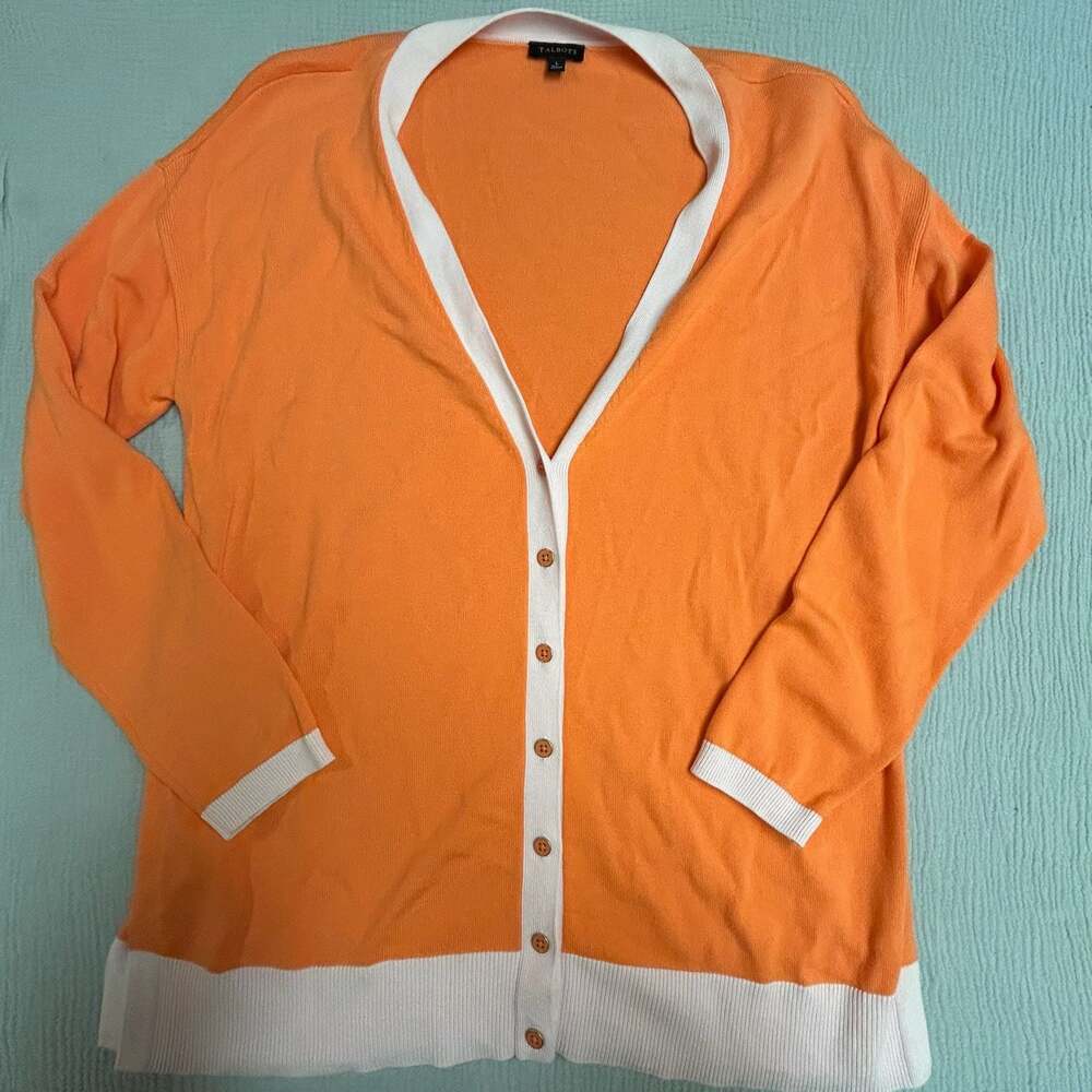Talbots Girlfriend V-Neck Button-Down Knit Cardigan in Orange and White